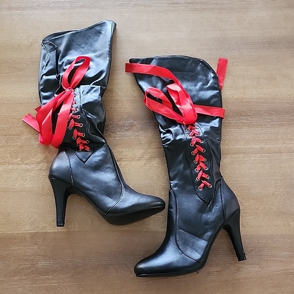 Black Red Lace-Up Pirate Costume Boots - Picture 3 of 7